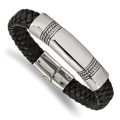 Chisel Stainless Steel Antiqued and Polished Braided Black Leather 8.25 inch ID Bracelet