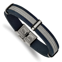 Stainless Steel Polished Blue Leather and Wire 8.5in Bracelet