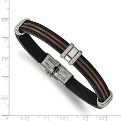 Chisel Stainless Steel Polished Black and Brown Leather 8.25 inch Bracelet