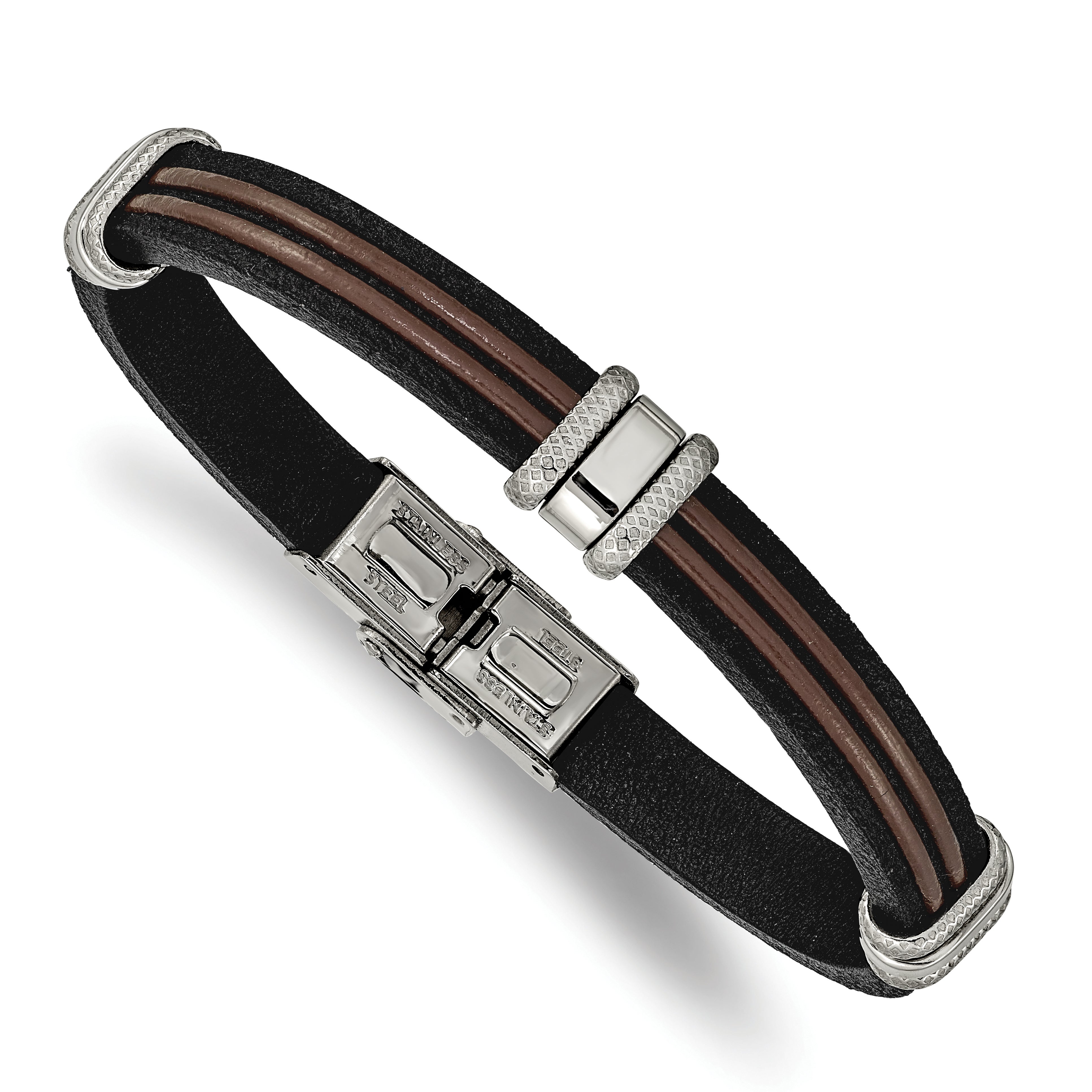 Chisel Stainless Steel Polished Black and Brown Leather 8.25 inch Bracelet