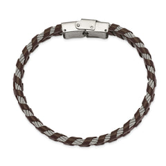 Chisel Stainless Steel Polished Cable and Brown Leather 8.25 inch Bracelet
