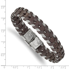 Chisel Stainless Steel Polished Cable and Brown Leather 8.25 inch Bracelet