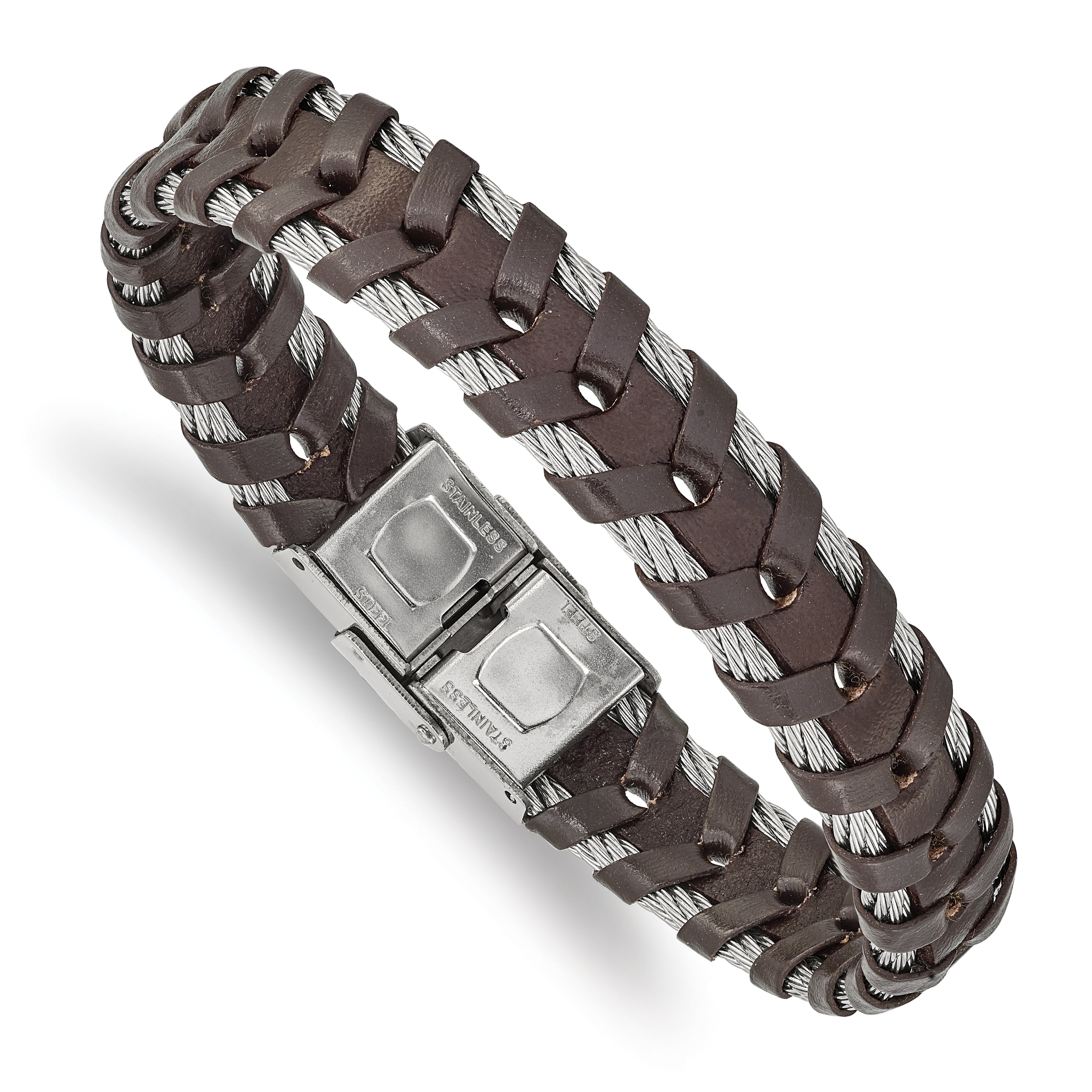 Chisel Stainless Steel Polished Cable and Brown Leather 8.25 inch Bracelet