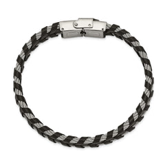 Chisel Stainless Steel Polished Cable and Black Leather 8.25 inch Bracelet