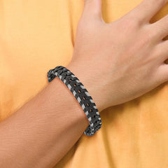 Chisel Stainless Steel Polished Cable and Black Leather 8.25 inch Bracelet