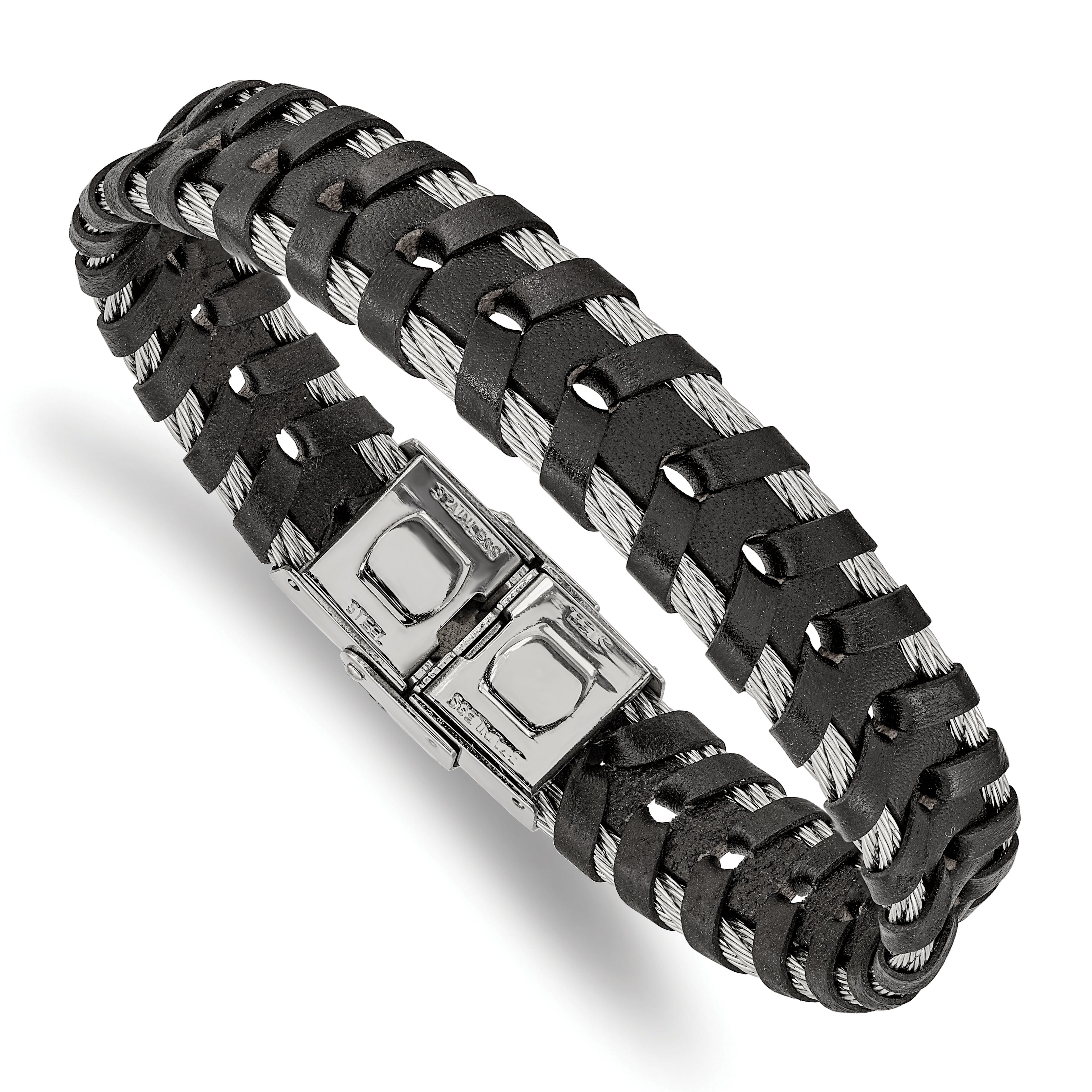 Chisel Stainless Steel Polished Cable and Black Leather 8.25 inch Bracelet