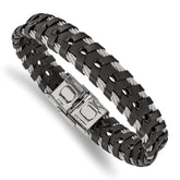 Chisel Stainless Steel Polished Cable and Black Leather 8.25 inch Bracelet