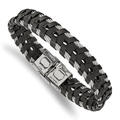 Chisel Stainless Steel Polished Cable and Black Leather 8.25 inch Bracelet