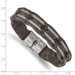 Chisel Stainless Steel Polished Cable and Brown Leather 8.5 inch Bracelet