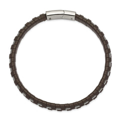 Chisel Stainless Steel Polished Cable and Brown Leather 8.75 inch Bracelet