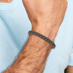 Chisel Stainless Steel Polished Cable and Brown Leather 8.75 inch Bracelet