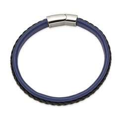 Chisel Stainless Steel Polished Blue and Black Faux Leather 8.25 inch Bracelet
