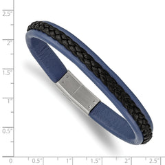 Chisel Stainless Steel Polished Blue and Black Faux Leather 8.25 inch Bracelet