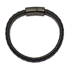 Chisel Stainless Steel Polished Black IP-plated and Black and Blue Leather 8.25 inch Bracelet