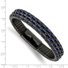 Chisel Stainless Steel Polished Black IP-plated and Black and Blue Leather 8.25 inch Bracelet