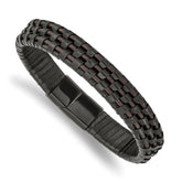 Chisel Stainless Steel Polished Black IP-plated Black and Brown Leather 8.25 inch Bracelet