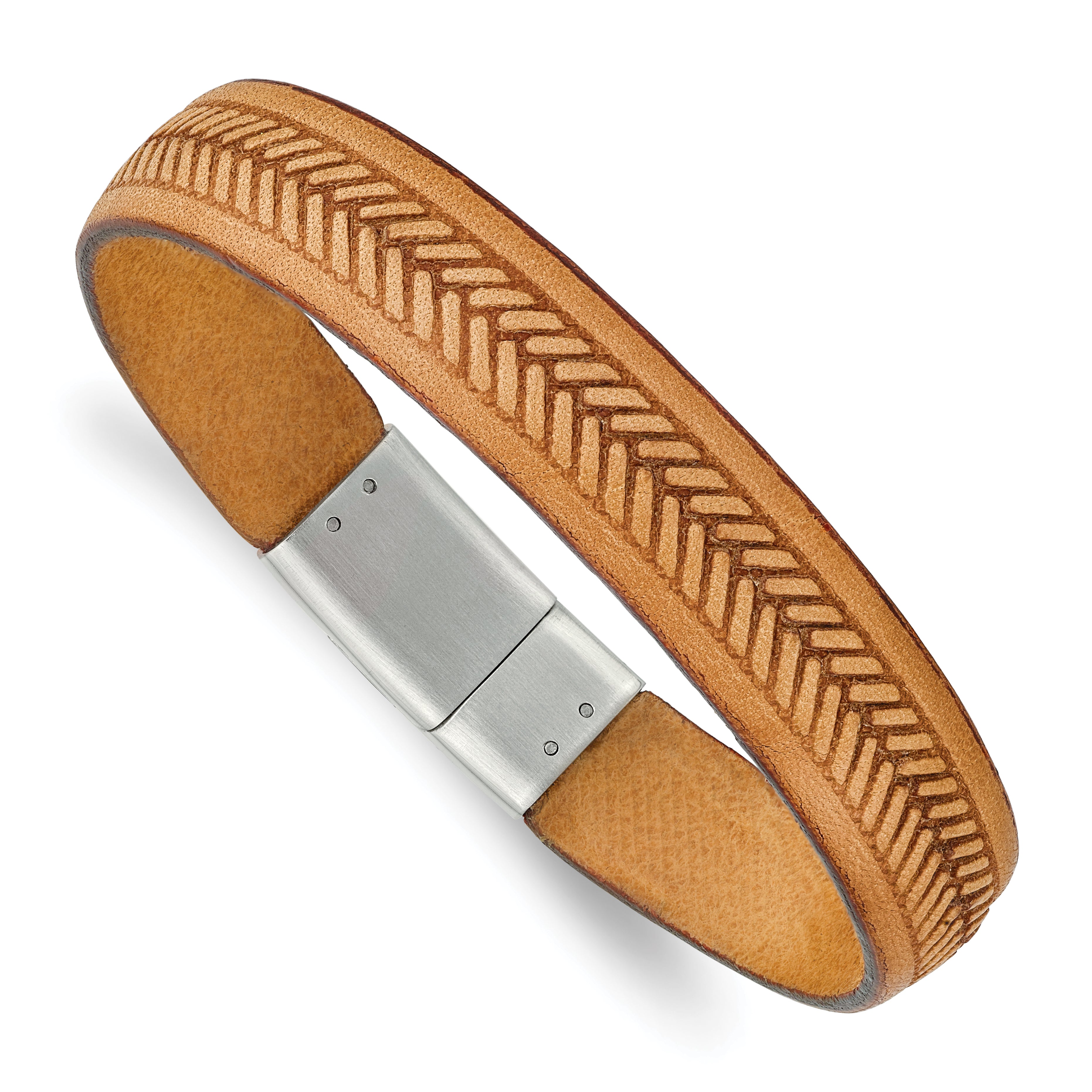 Chisel Stainless Steel Polished Textured Tan Italian Leather 8.75 inch Bracelet