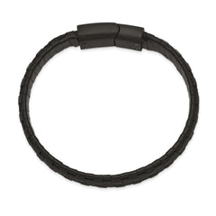 Chisel Stainless Steel Brushed and Polished Black IP-plated Wire Cable and Black Leather 8.25 inch Bracelet