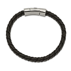 Chisel Stainless Steel Antiqued and Polished Cross Black Leather 8.5 inch Bracelet