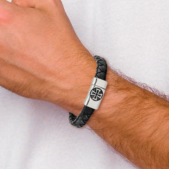 Chisel Stainless Steel Antiqued and Polished Cross Black Leather 8.5 inch Bracelet