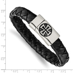 Chisel Stainless Steel Antiqued and Polished Cross Black Leather 8.5 inch Bracelet