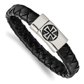 Chisel Stainless Steel Antiqued and Polished Cross Black Leather 8.5 inch Bracelet