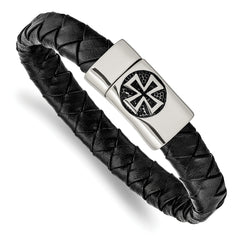 Chisel Stainless Steel Antiqued and Polished Cross Black Leather 8.5 inch Bracelet