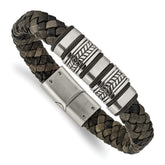 Chisel Stainless Steel Antiqued Brushed and Polished Braided Black Leather with Silicone 8.25 inch Bracelet