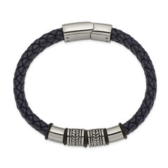 Chisel Stainless Steel Antiqued and Polished Braided Blue Leather with Black Silicone 8.25 inch Bracelet