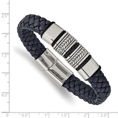Chisel Stainless Steel Antiqued and Polished Braided Blue Leather with Black Silicone 8.25 inch Bracelet