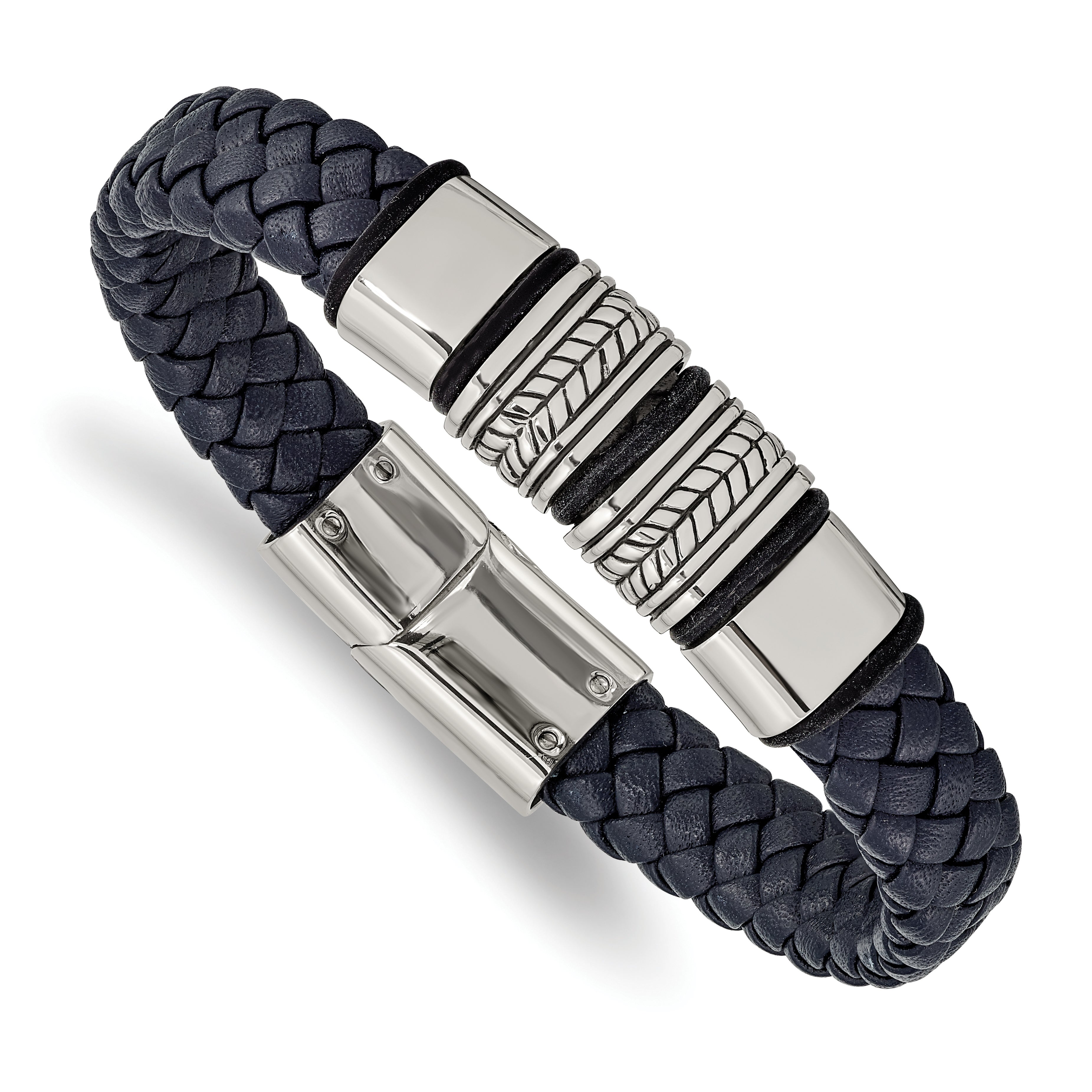 Chisel Stainless Steel Antiqued and Polished Braided Blue Leather with Black Silicone 8.25 inch Bracelet