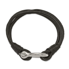 Chisel Stainless Steel Polished Shackle Multi Strand Black Leather 8.5 inch Bracelet