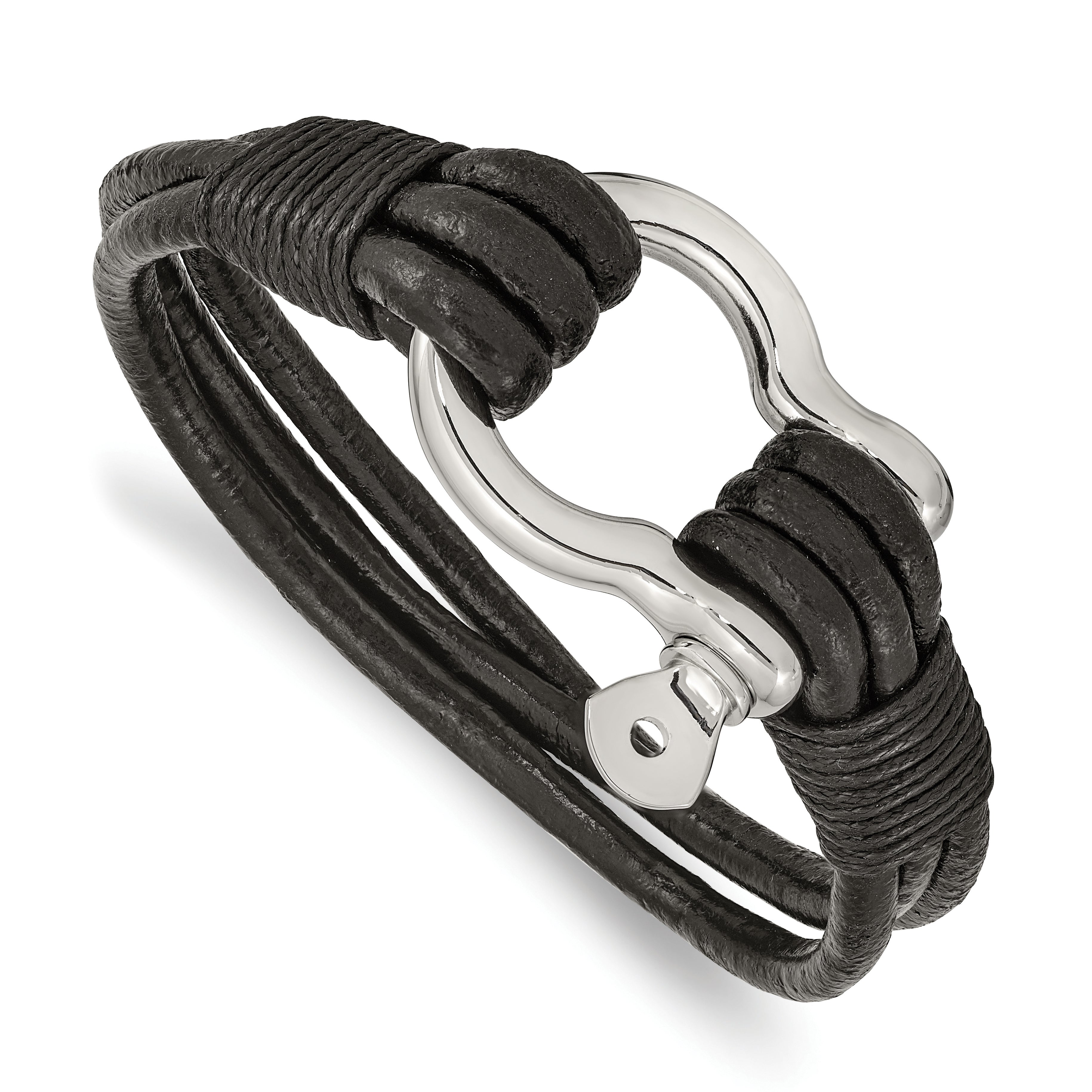 Chisel Stainless Steel Polished Shackle Multi Strand Black Leather 8.5 inch Bracelet