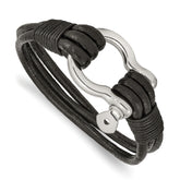 Chisel Stainless Steel Polished Shackle Multi Strand Black Leather 8.5 inch Bracelet