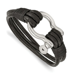 Chisel Stainless Steel Polished Shackle Multi Strand Black Leather 8.5 inch Bracelet