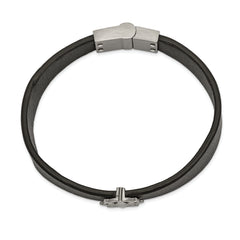 Chisel Stainless Steel Brushed Antiqued White Bronze-plated Compass Black Leather 8.25 inch Bracelet