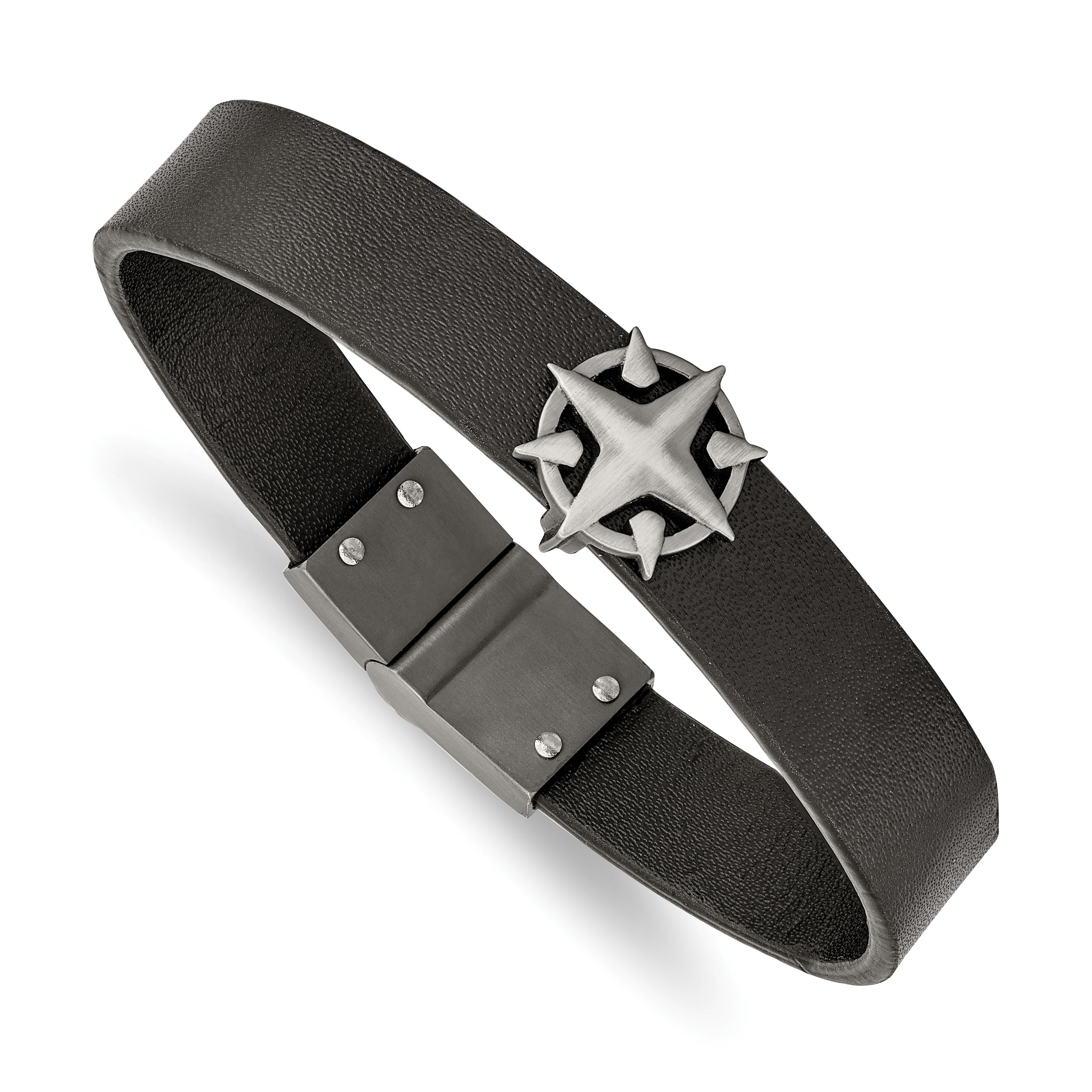 Chisel Stainless Steel Brushed Antiqued White Bronze-plated Compass Black Leather 8.25 inch Bracelet