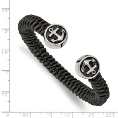 Chisel Stainless Steel Antiqued and Polished Black Leather Anchor Cuff Bangle