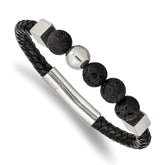 Chisel Stainless Steel Polished with Lava Stone Beads Black Leather 8 inch Bracelet
