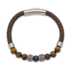 Chisel Stainless Steel Antiqued and Polished MultiColor Tiger's Eye Beads Brown Leather 8.5 inch Bracelet