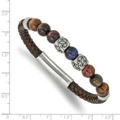 Chisel Stainless Steel Antiqued and Polished MultiColor Tiger's Eye Beads Brown Leather 8.5 inch Bracelet