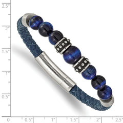 Chisel Stainless Steel Antiqued and Polished Blue Tiger's Eye Beads Blue Leather 8.25 inch Bracelet