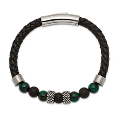 Chisel Stainless Steel Antiqued and Polished Black Agate and Green Tiger's Eye Beads Black Leather 8.5 inch Bracelet
