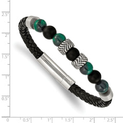 Chisel Stainless Steel Antiqued and Polished Black Agate and Green Tiger's Eye Beads Black Leather 8.5 inch Bracelet