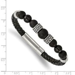 Chisel Stainless Steel Antiqued and Polished Black Agate Beads Black Leather 8.25 inch Bracelet