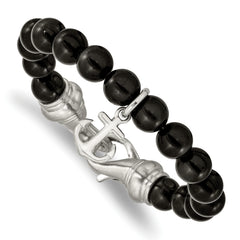 Chisel Stainless Steel Brushed Anchor Black Agate Beaded 8 inch Bracelet