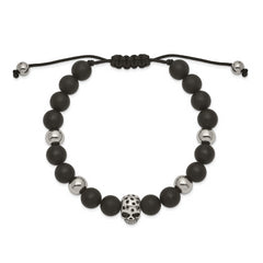 Chisel Stainless Steel Antiqued and Polished Skull Black Onyx Beaded Black Macrame Adjustable Bracelet - 6.25 to 11