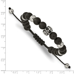 Chisel Stainless Steel Antiqued and Polished Skull Black Onyx Beaded Black Macrame Adjustable Bracelet - 6.25 to 11