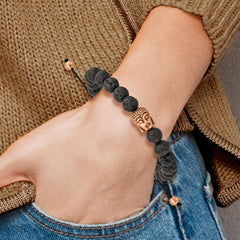 Chisel Stainless Steel Antiqued and Polished Rose IP-plated Buddha Lava Stone Black Macrame Adjustable Bracelet - 7 to 11