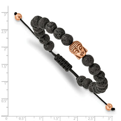 Chisel Stainless Steel Antiqued and Polished Rose IP-plated Buddha Lava Stone Black Macrame Adjustable Bracelet - 7 to 11